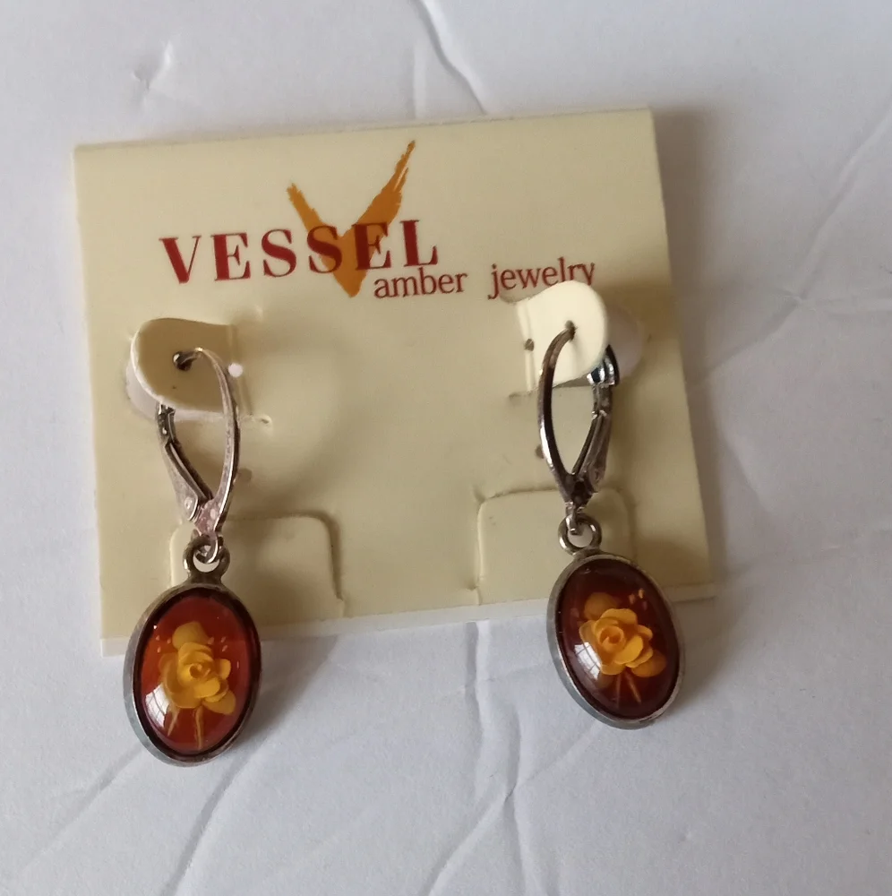 Vessel Amber and Sterling Silver Earrings w/ White Rose- Vintage- Made In Poland